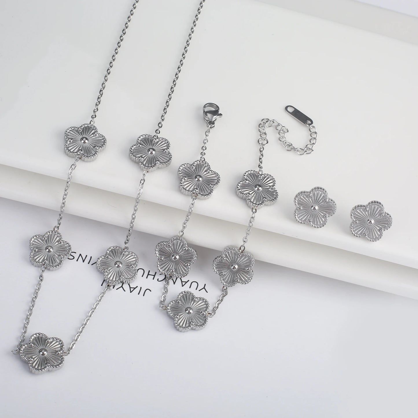 316L Stainless Steel Five Leaf Clover Jewelry Set Gold Plated