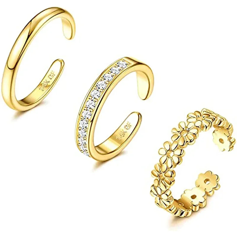 14K Gold Filled Toe Rings for Women Adjustable CZ Flower