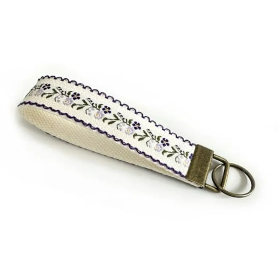 Embroidered Fabric Wristlet Keychain For Women With Metal Hardware