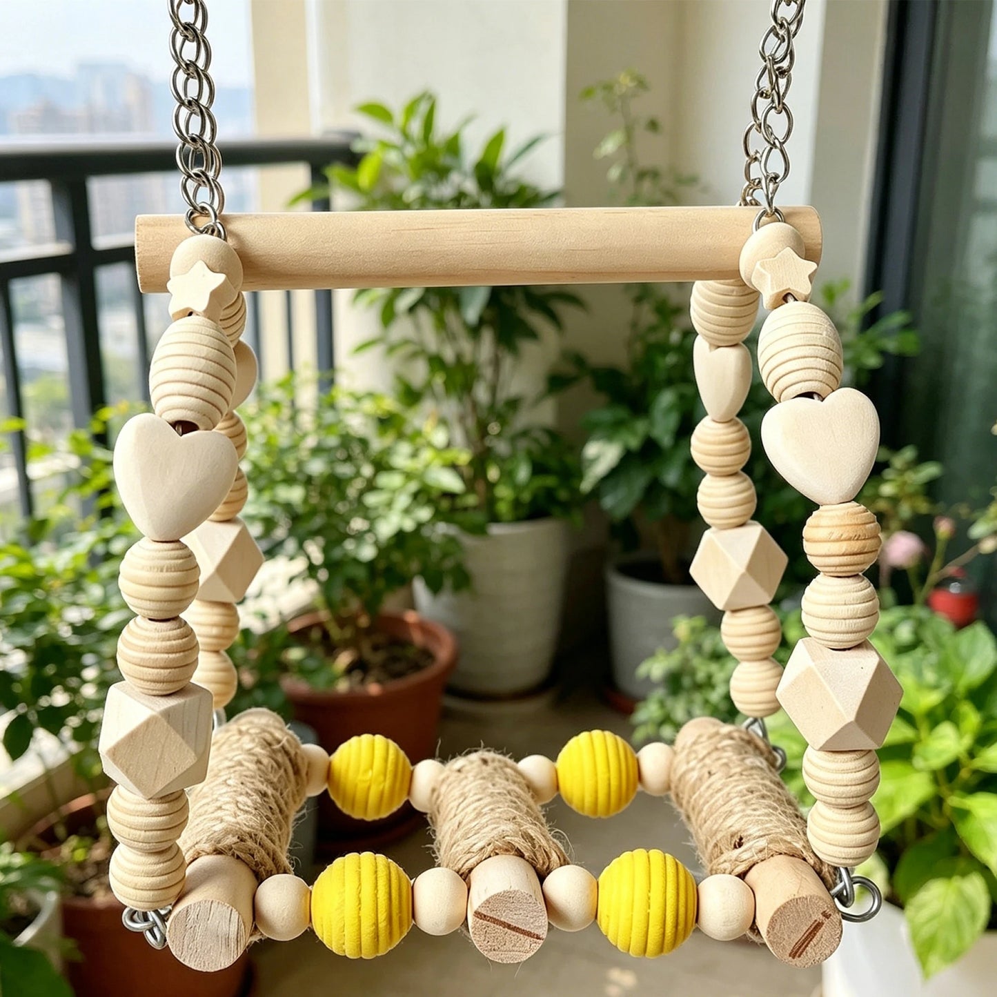 Wooden Bird Swing Perch With Hanging Toys Parrots Budgies Lovebirds
