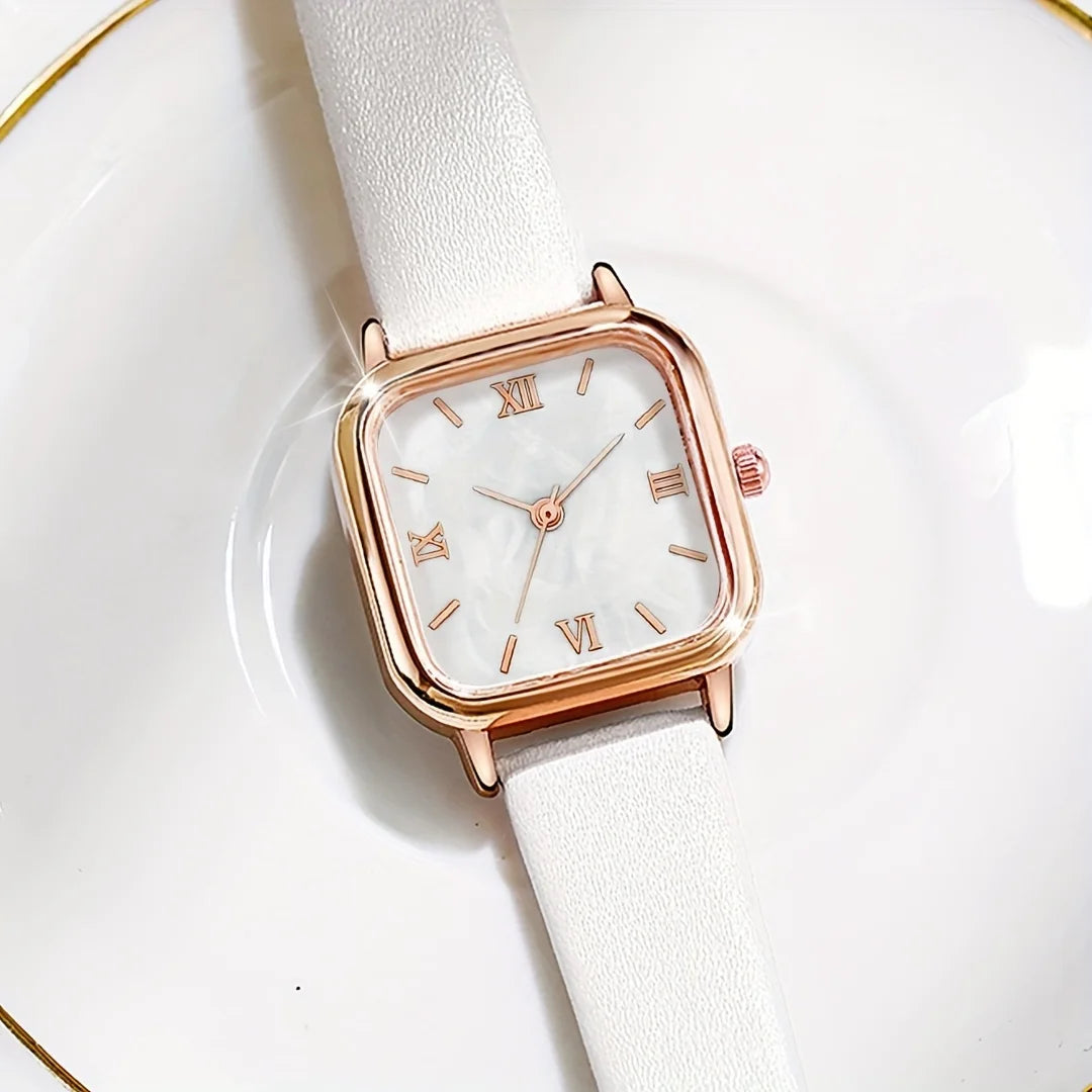 None Fashion Women PU Band Square Dial Watch With Bracelet - 2-Pc Set Stainless Steel Case Quartz Movement