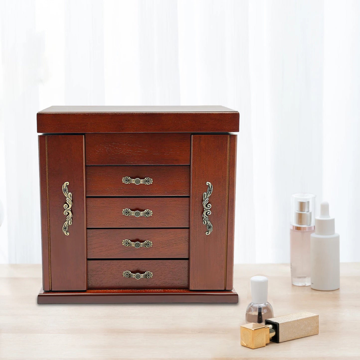 NONECN Five Tier Four Drawer Wooden Jewelry Box With Mirror