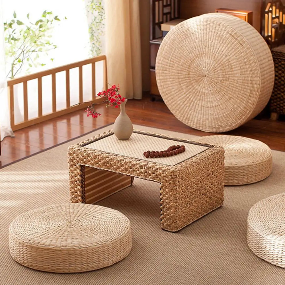 Round Tatami Cushion Handmade Straw Weave Floor Pillow For Meditation Yoga