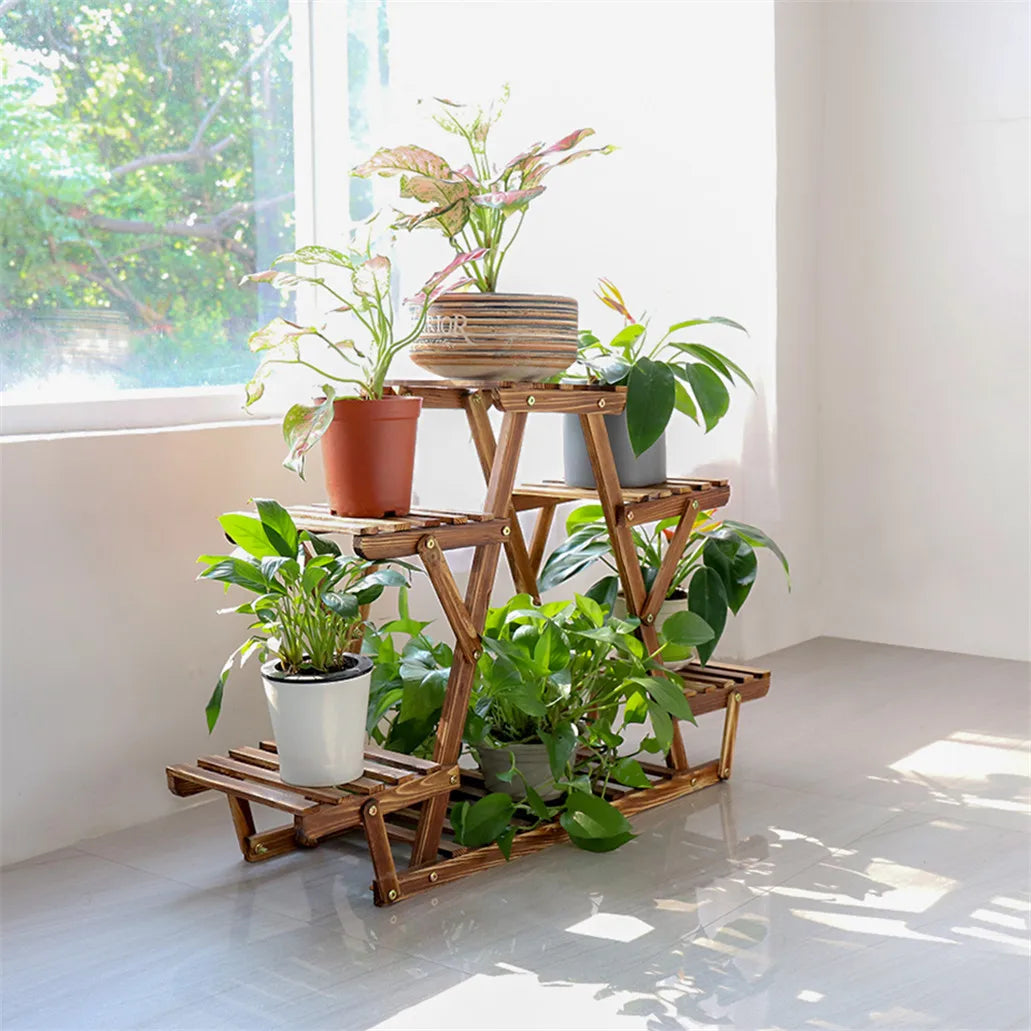Carbonized Triangle 6 Tier Corner Wood Plant Stand