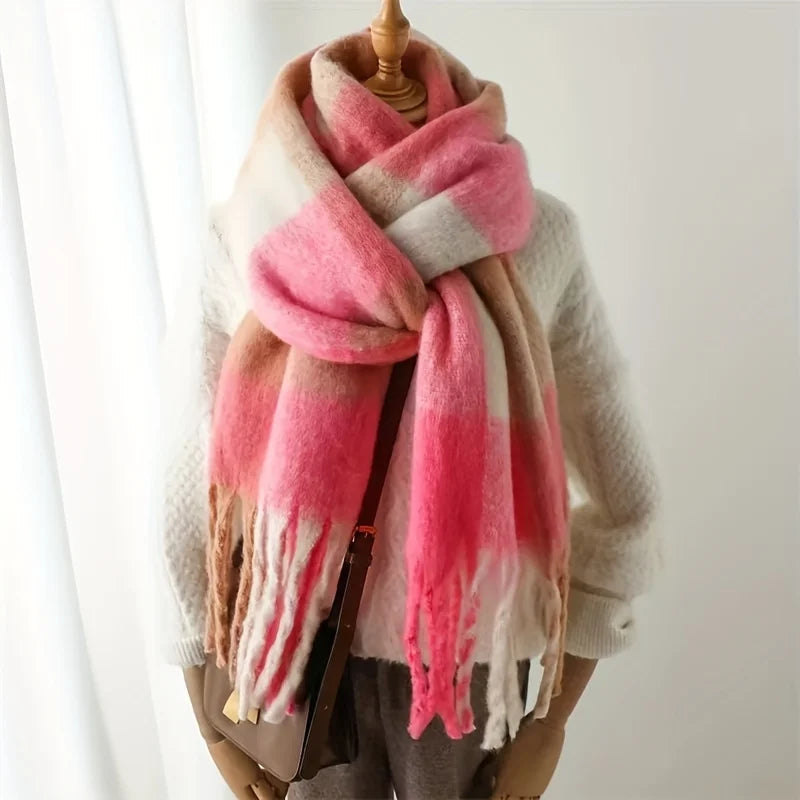 Boho Plaid Tassel Chunky Knit Scarf Shawl Neck Warmer