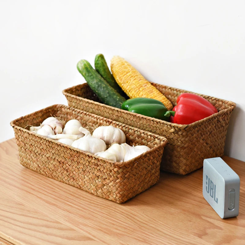 Woven Seagrass Wicker Storage Basket Rectangular Rattan Organizer Sundries