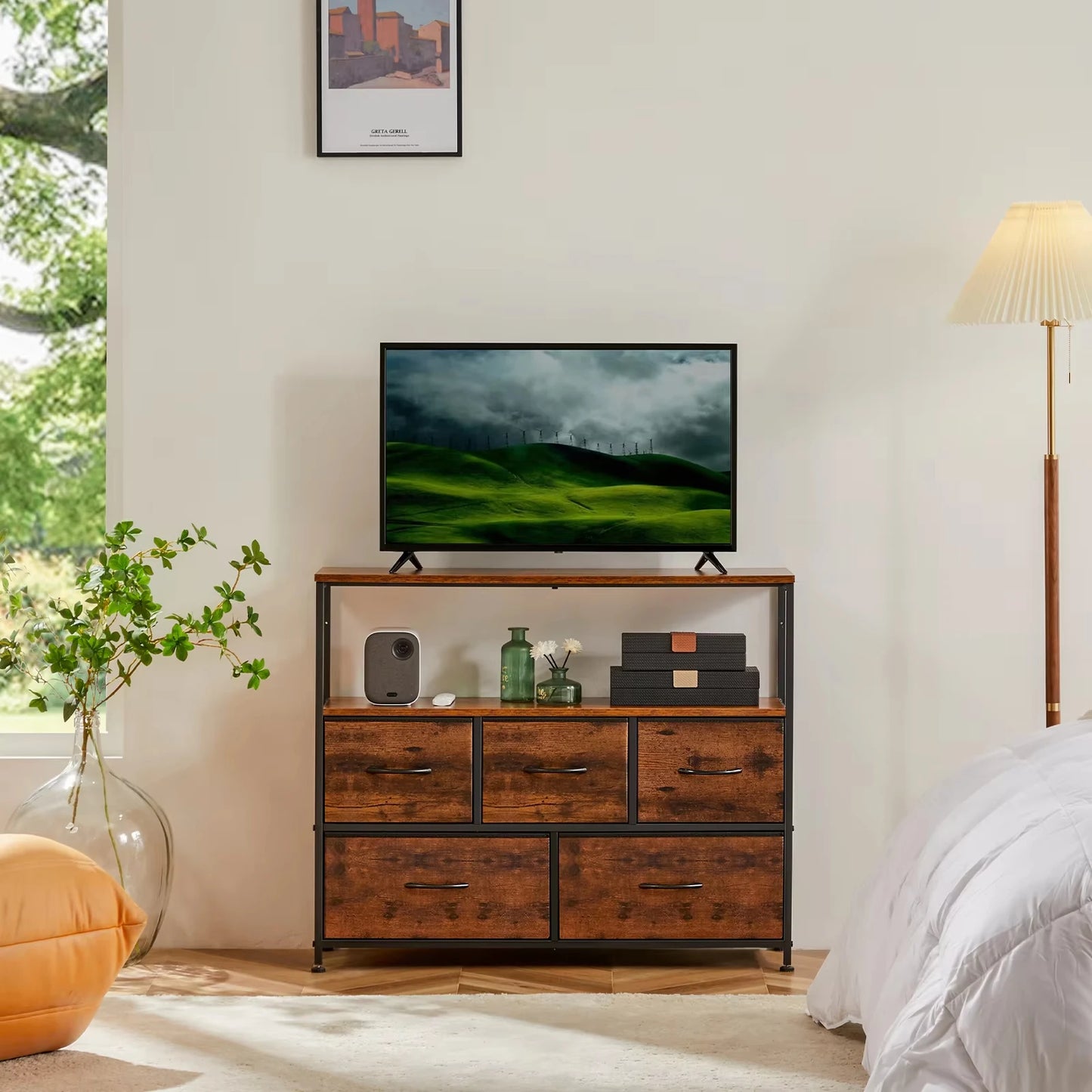JHK Modern Fireplace TV Stand With Fabric Storage Drawers