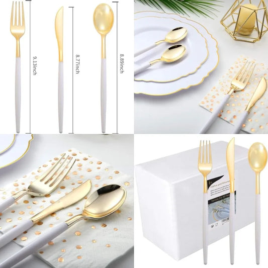 144Pcs Gold Plastic Silverware Set Heavy Duty Disposable Utensils with Gold and Silver Finish for Elegant Party Wedding and Eve