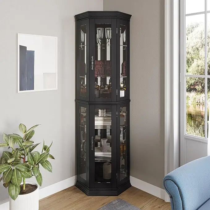 Lighted Three Side Glass Display Corner Curio Cabinet With Tempered Doors