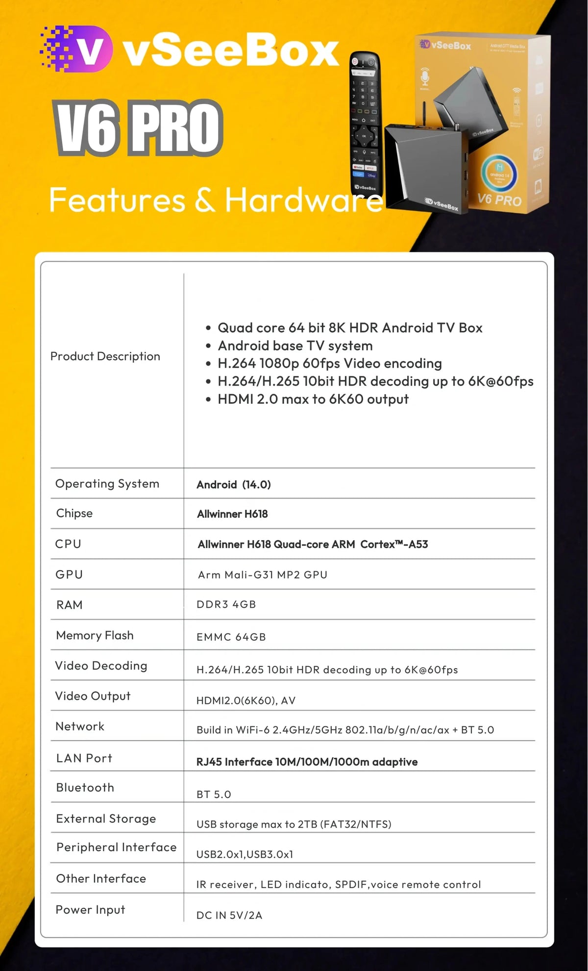 vSeeBox V6 Pro 8K Android TV Streaming Media Player