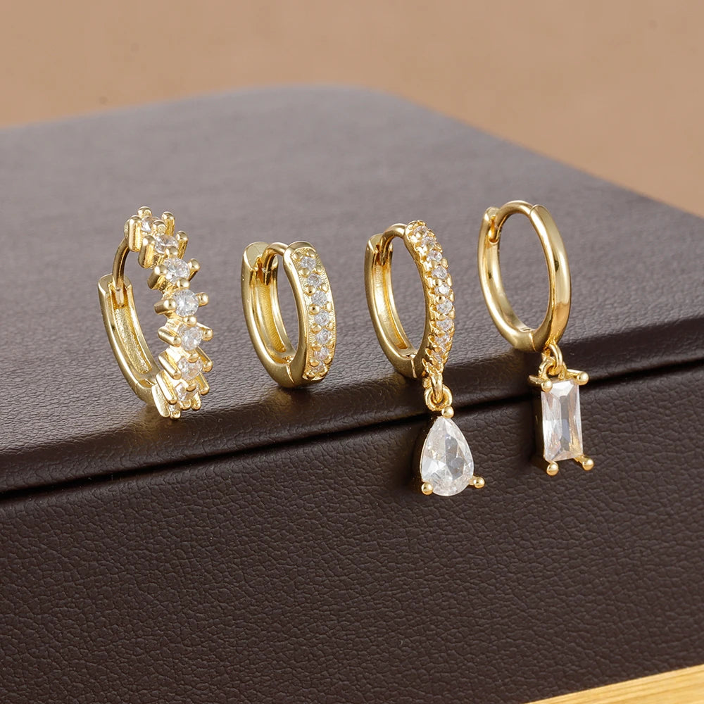 Korean Stainless Steel Zircon Water Drop Earrings Set for Women