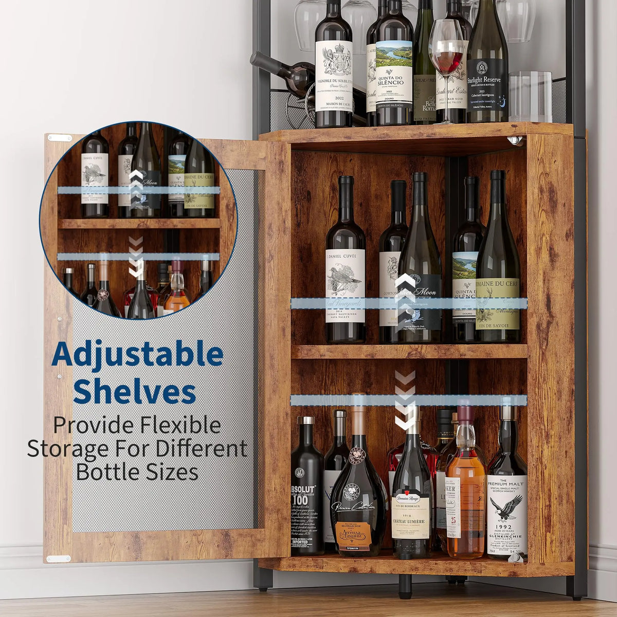 HiMISS Corner Wine Cabinet With LED Lights And Glass Holder