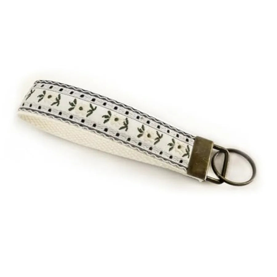 Embroidered Fabric Wristlet Keychain For Women With Metal Hardware