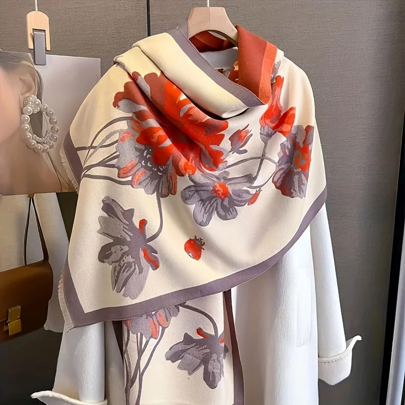 Unisex Elegant Floral Print Polyester Winter Scarf Shawl