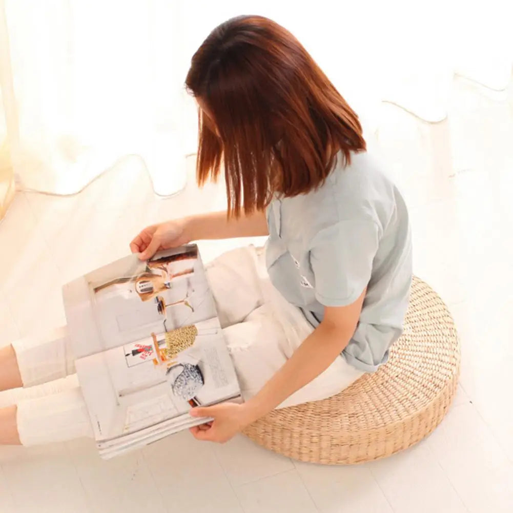 Round Tatami Cushion Handmade Straw Weave Floor Pillow For Meditation Yoga