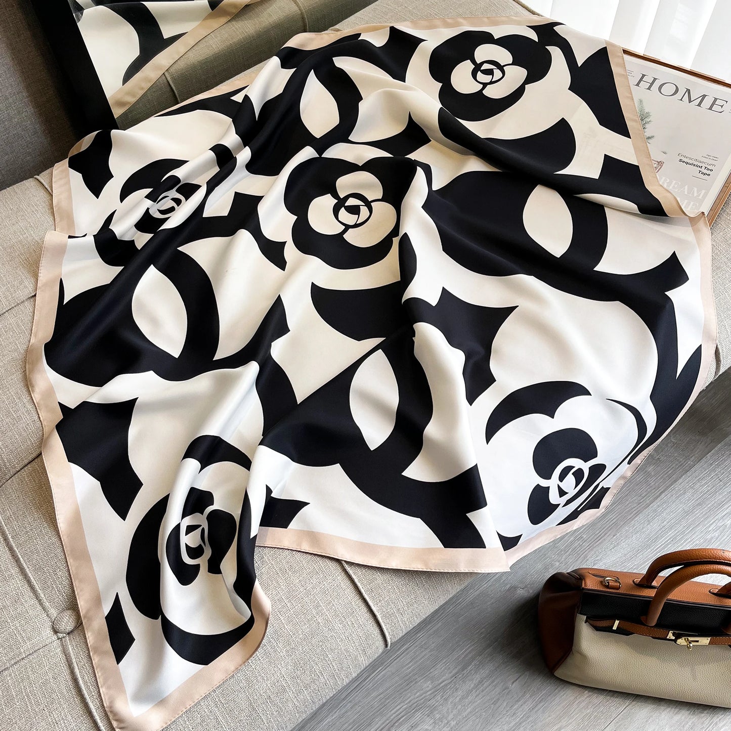 Fashion Floral Print Satin Twill Square Scarf For Women Neck Tie Bandana