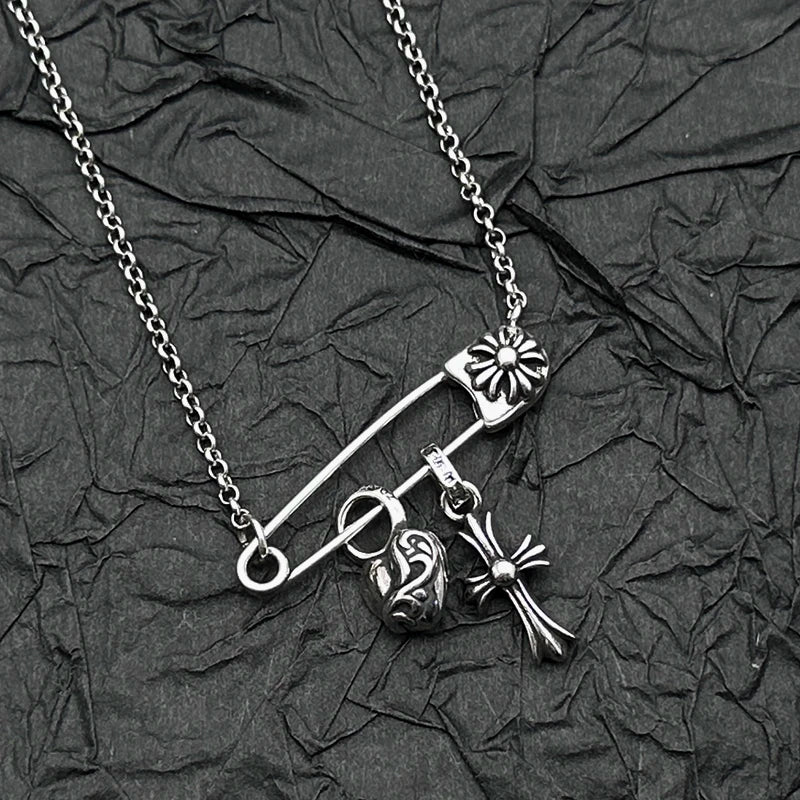 S925 Sterling Silver Peach Heart Cross Pin Necklace Pendant