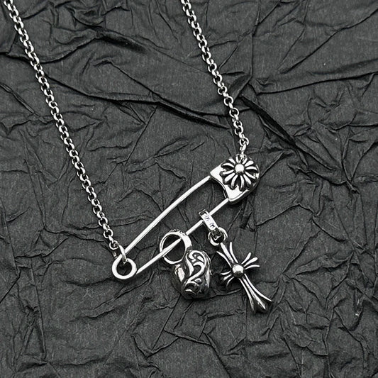 S925 Sterling Silver Peach Heart Cross Pin Necklace Pendant