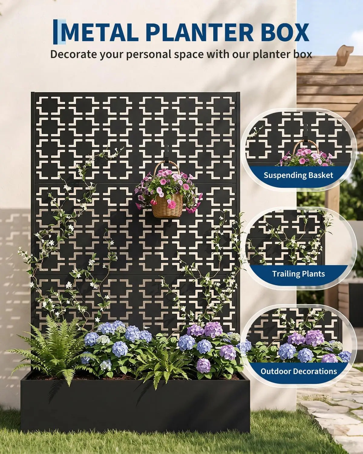 HiMISS Metal Raised Planter Box With Trellis Drainage Holes