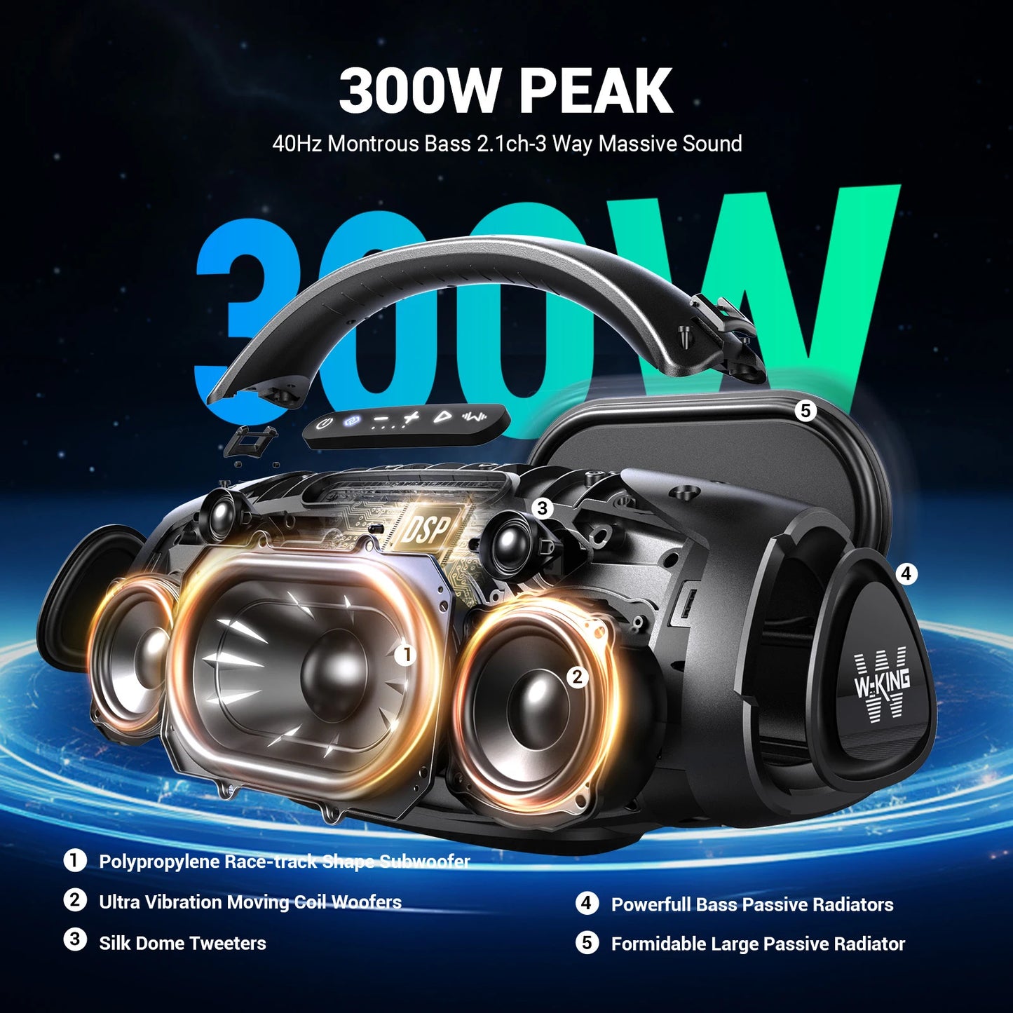 W-King D20 Portable Bluetooth Speaker 200W Output Waterproof Audio