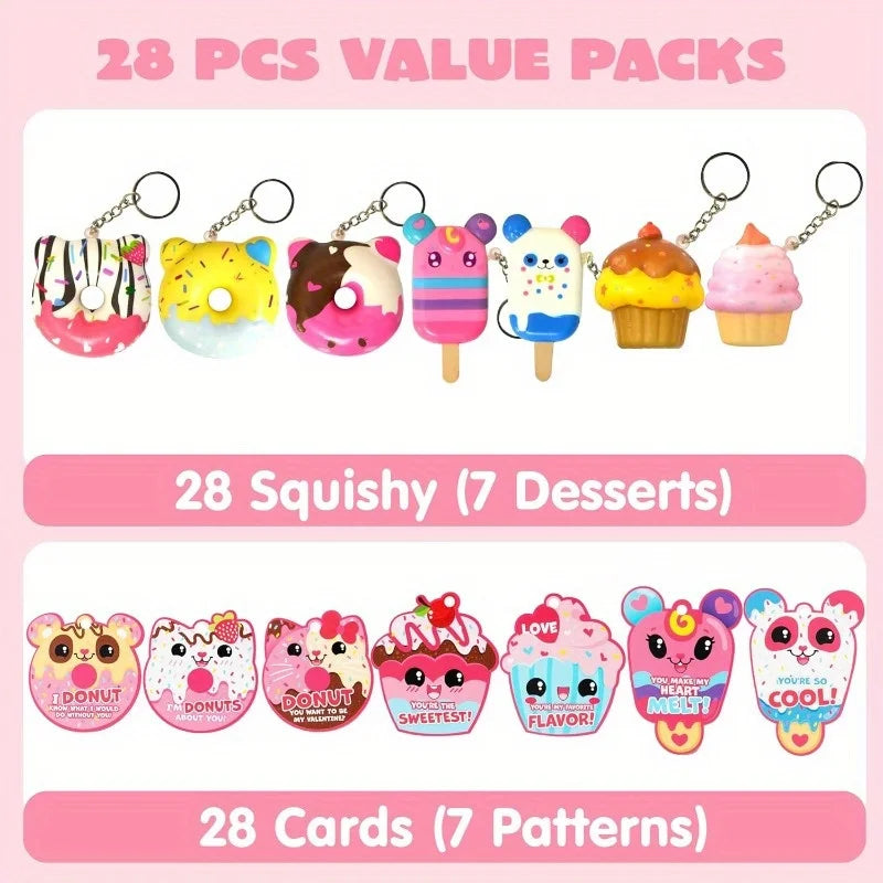 JOYFY 28 Pack Dessert squishy toys Stress Relief Keychains with Cards for Valentine’s Greeting Cards Party Favors Exchange Prize