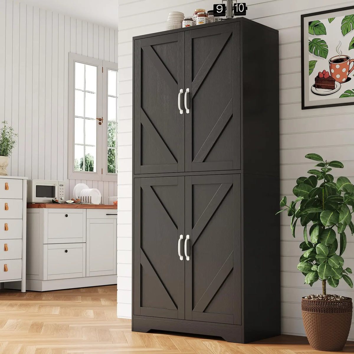 Farmhouse Kitchen Pantry Cabinet With Charging Station Drawer And Shelves