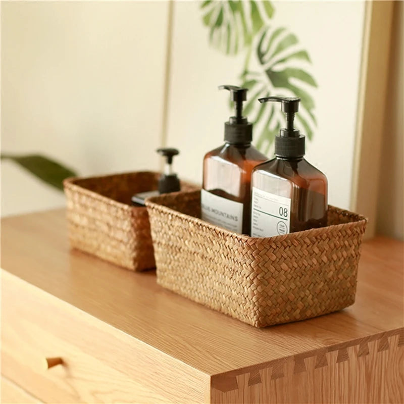 Woven Seagrass Wicker Storage Basket Rectangular Rattan Organizer Sundries