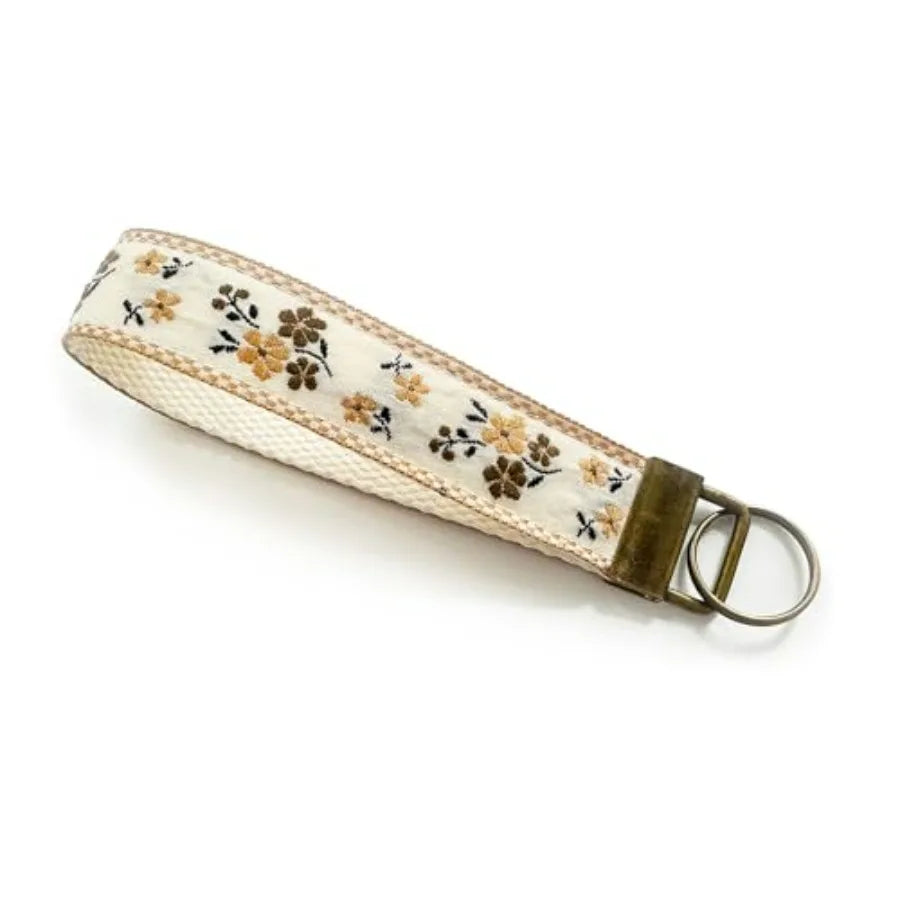 Embroidered Fabric Wristlet Keychain For Women With Metal Hardware