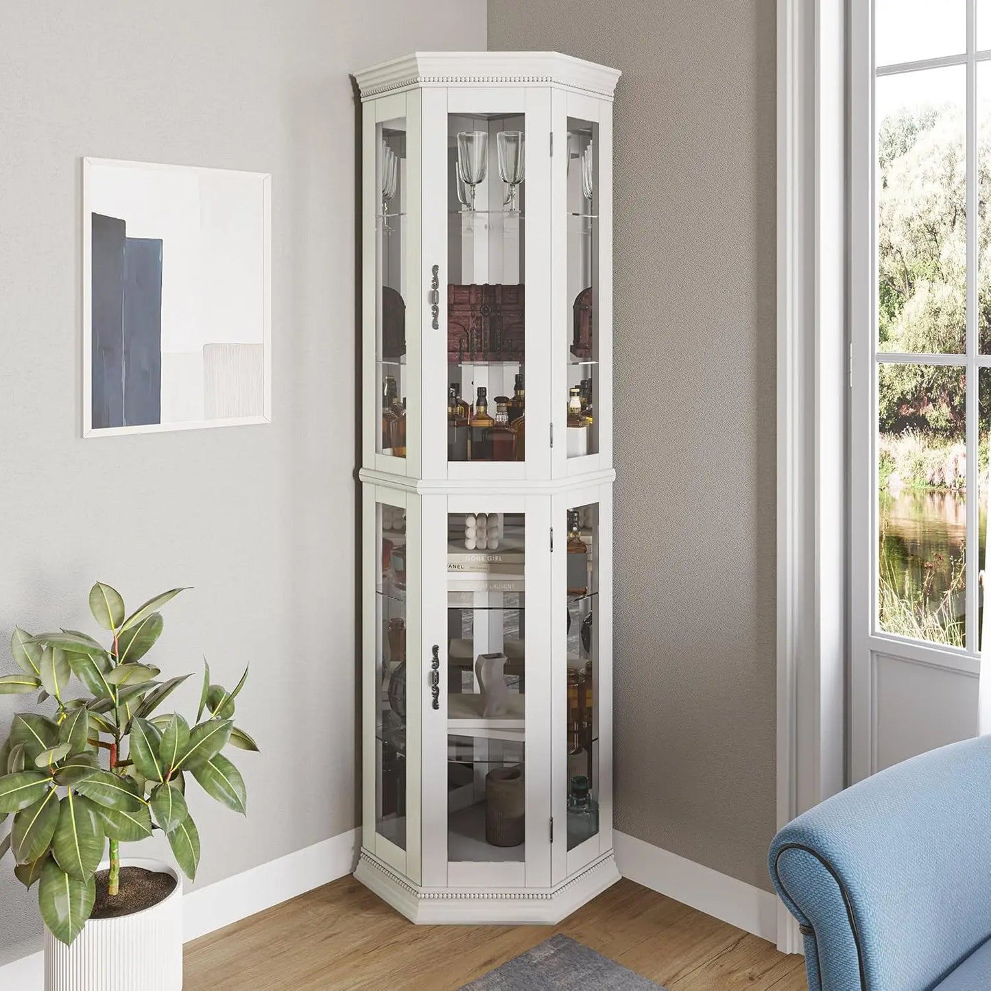 Lighted Three Side Glass Display Corner Curio Cabinet With Tempered Doors