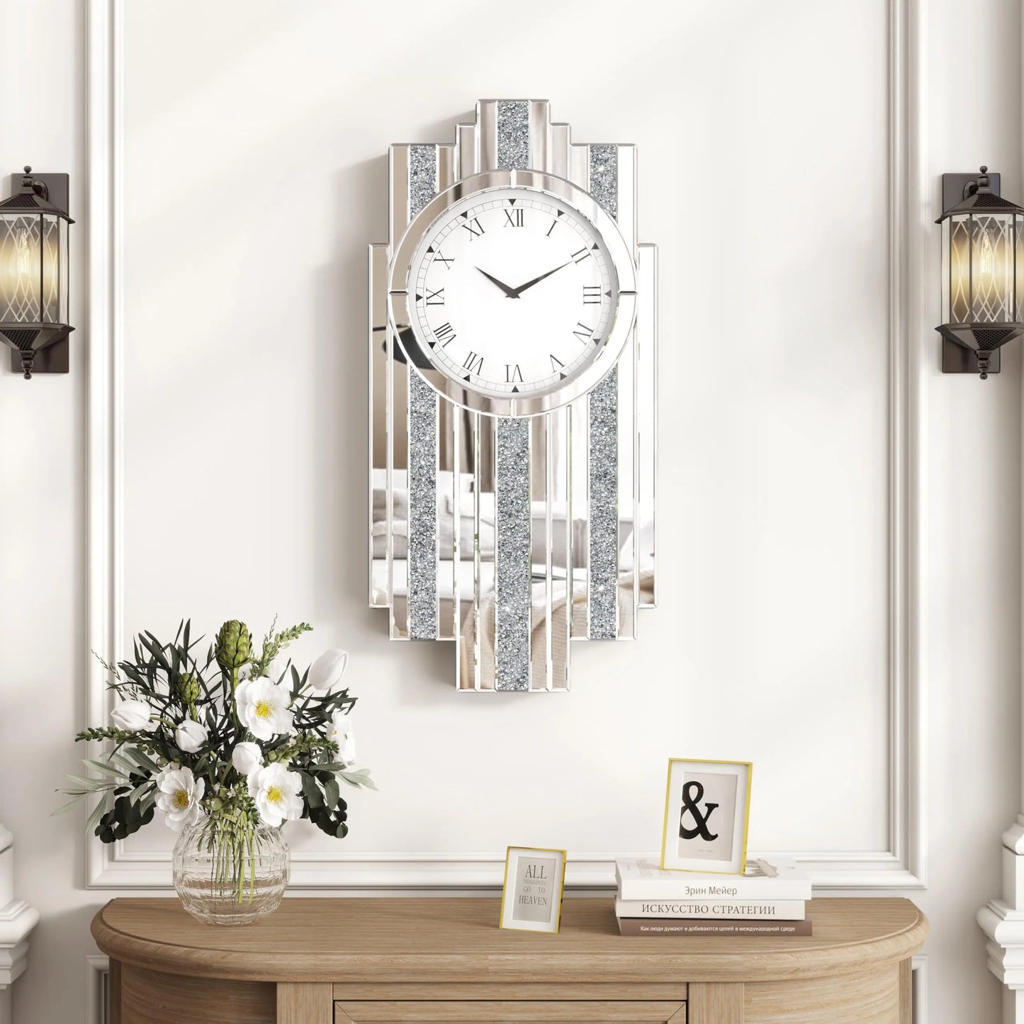 Modern Mirror Wall Clock With Crystal Sparkle Design Living Room