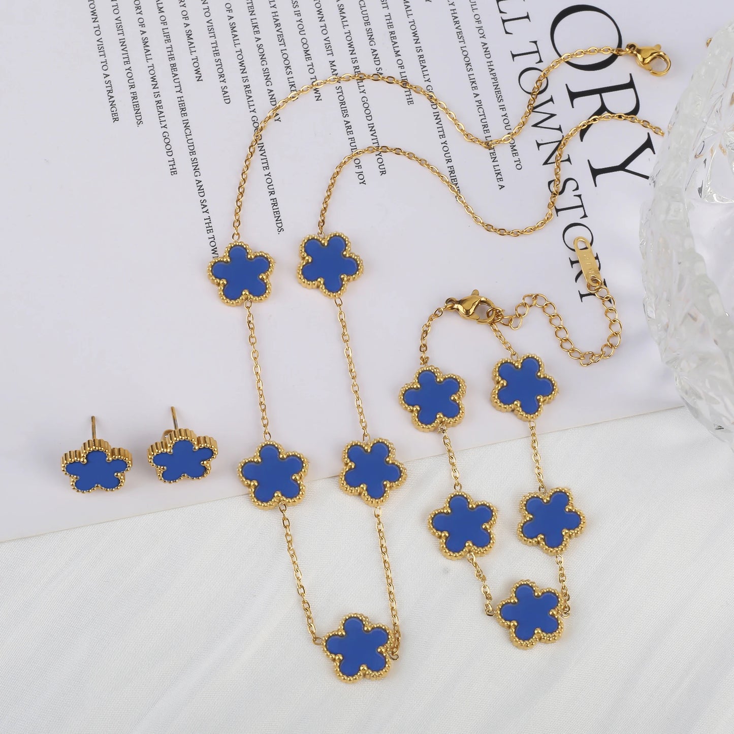 316L Stainless Steel Five Leaf Clover Jewelry Set Gold Plated