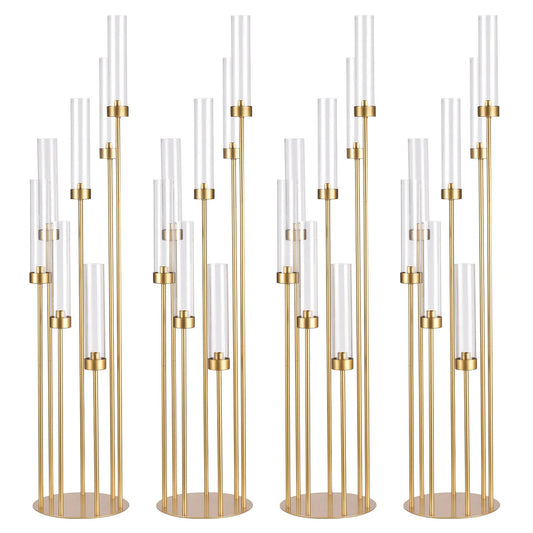 4Sets 7 Arms Floor Candelabra Wedding Centerpieces Gold 48" Tall Metal Candlestick Holders with Acrylic Removable Lampshade