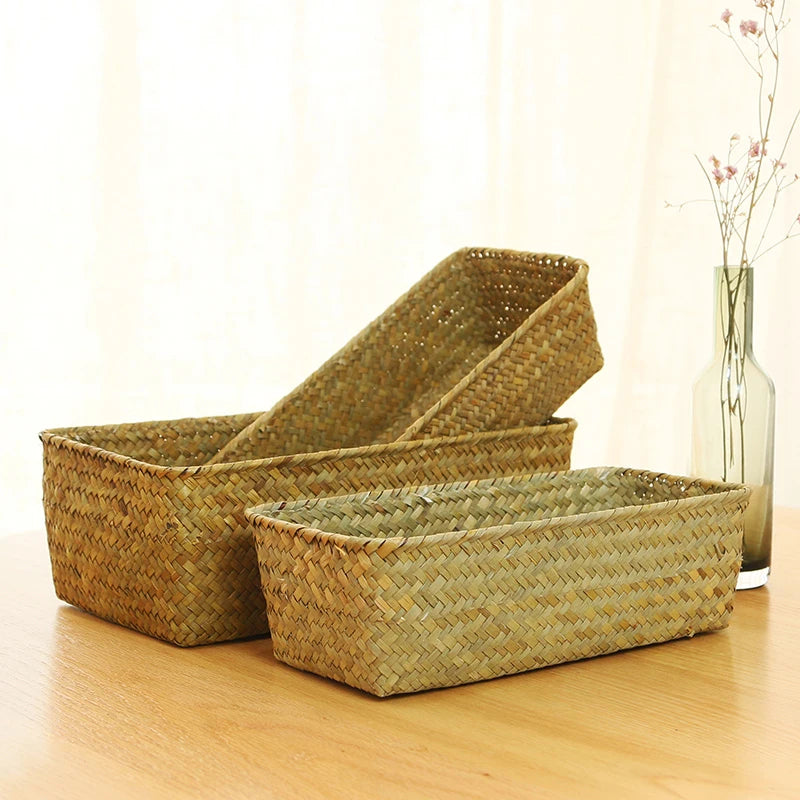 Woven Seagrass Wicker Storage Basket Rectangular Rattan Organizer Sundries