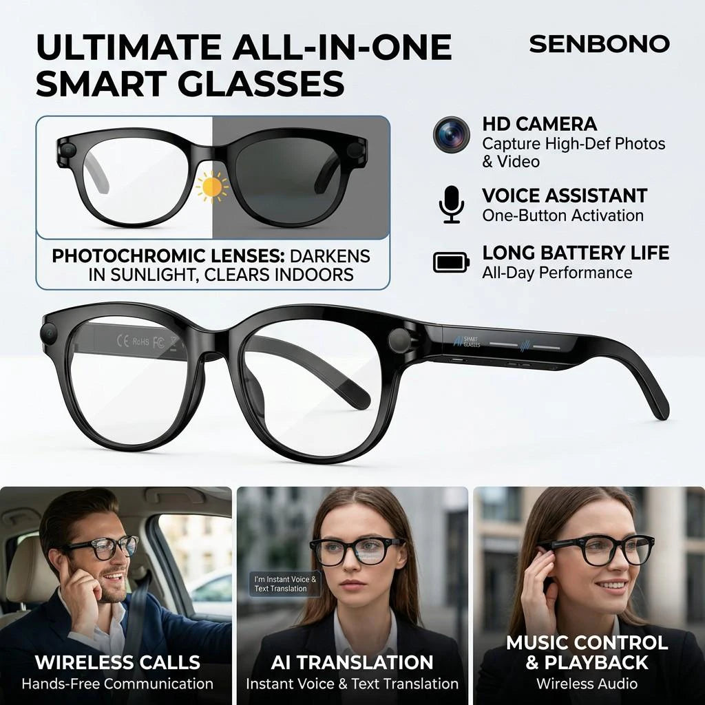 SENBONO AI Smart Glasses With Camera Photo Recognition And Translation