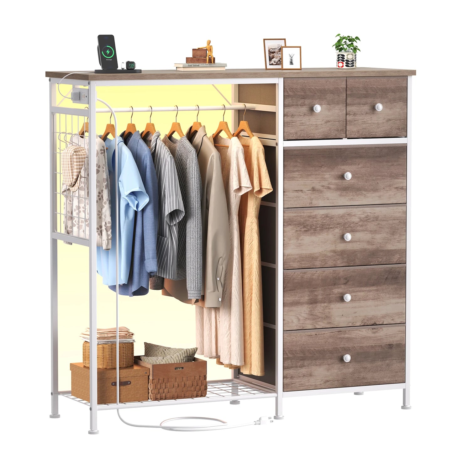 JHK 6 Drawer Fabric Dresser With Charging Station LED Lights