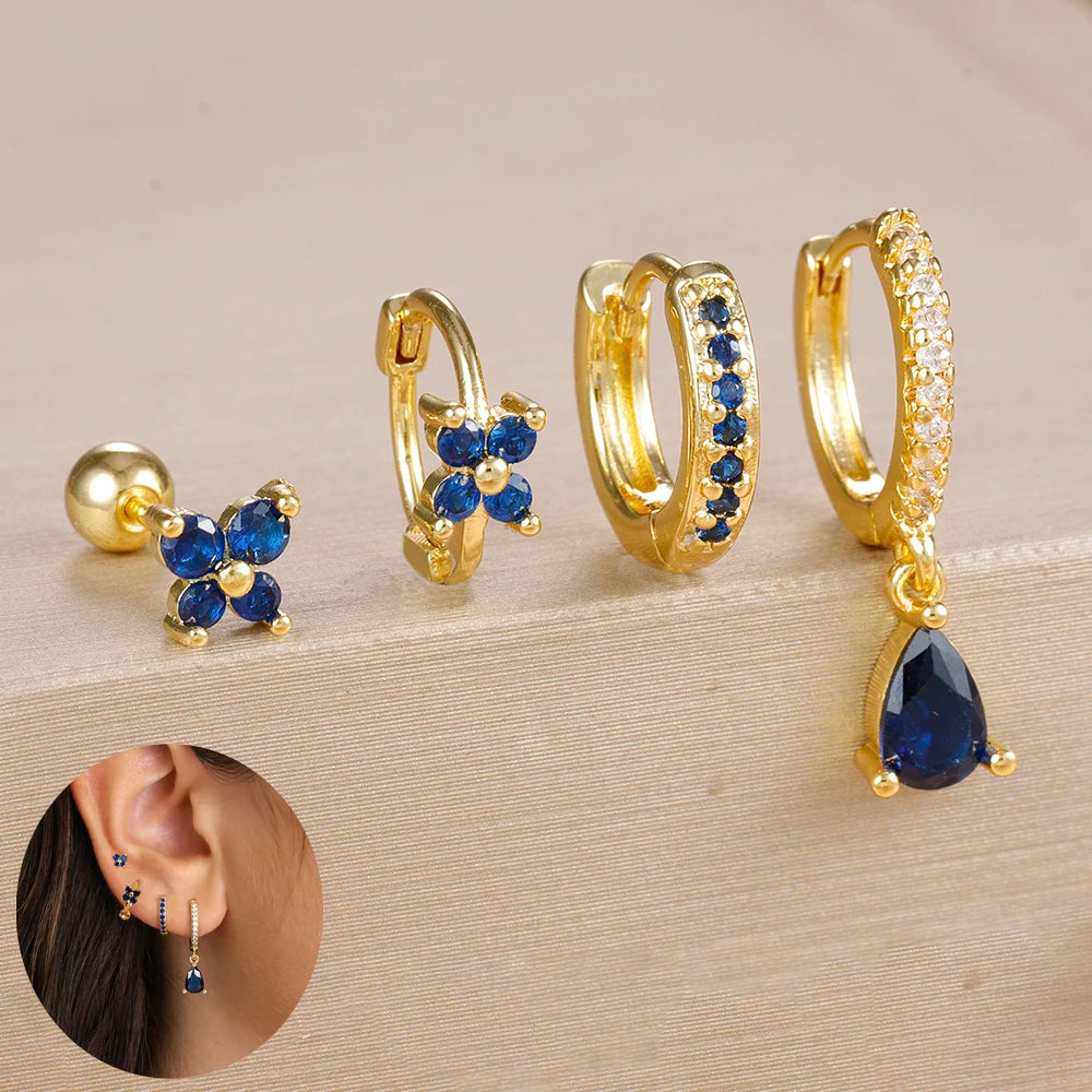Korean Stainless Steel Zircon Water Drop Earrings Set for Women