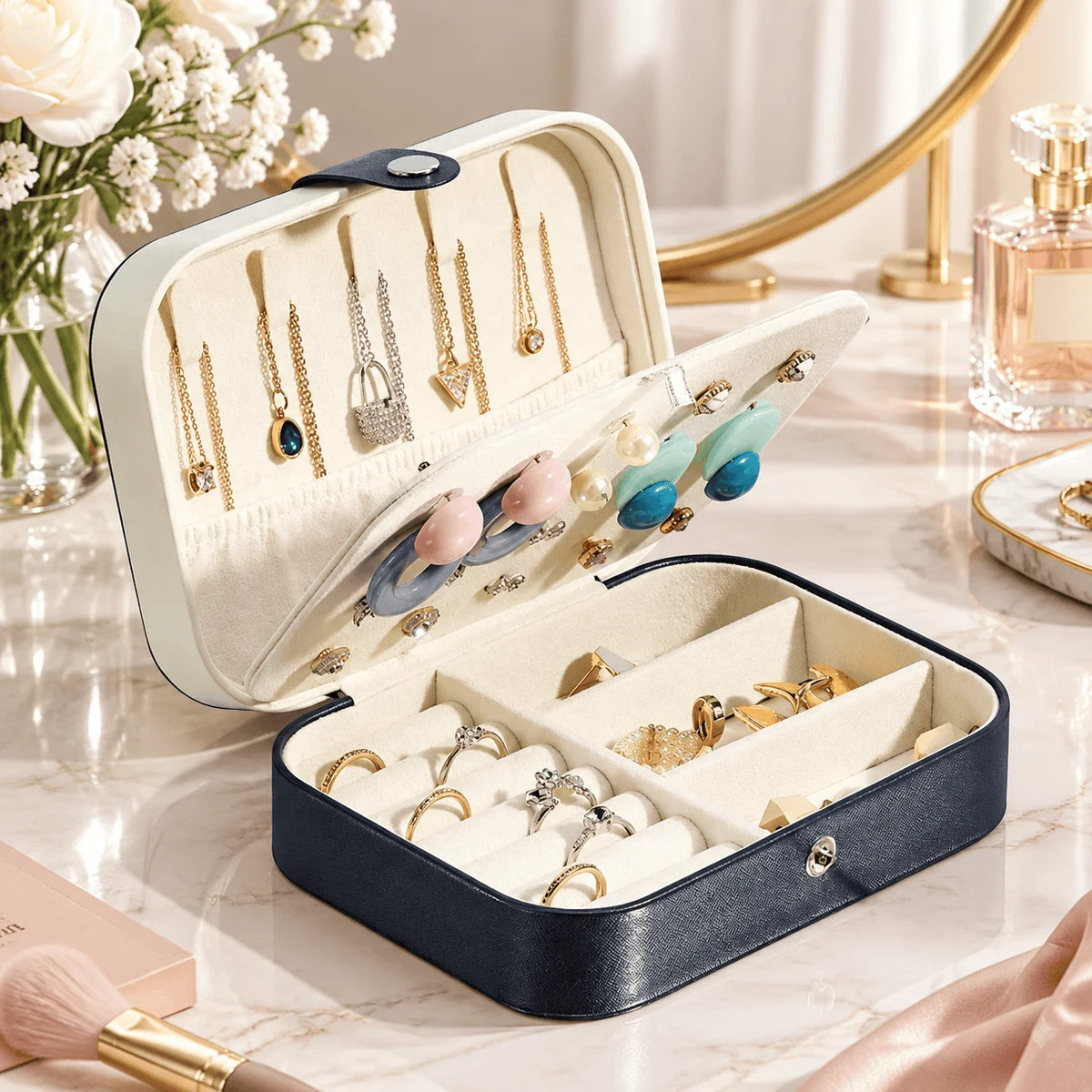 KISMIS PU Leather Jewelry Organizer Box With Travel Compartments