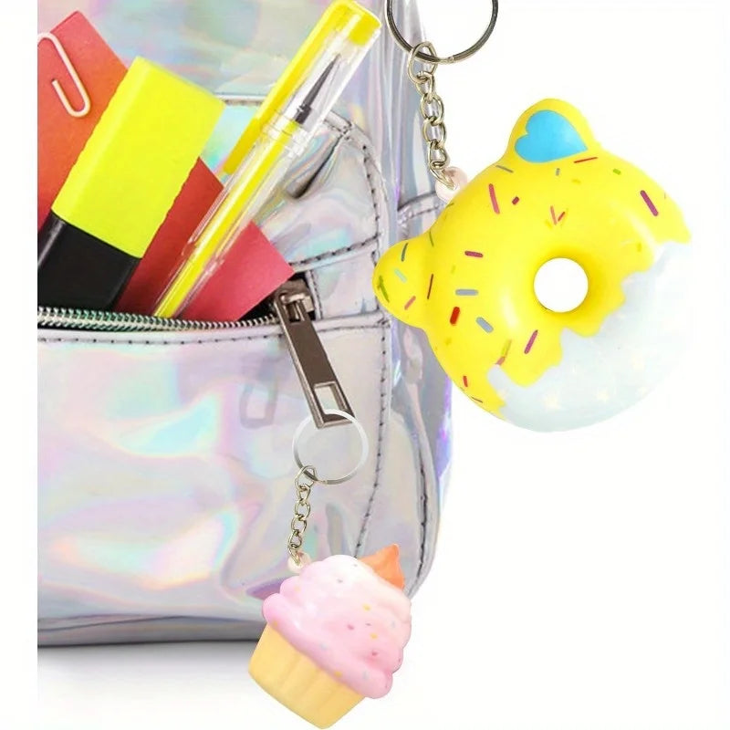 JOYFY 28 Pack Dessert squishy toys Stress Relief Keychains with Cards for Valentine’s Greeting Cards Party Favors Exchange Prize