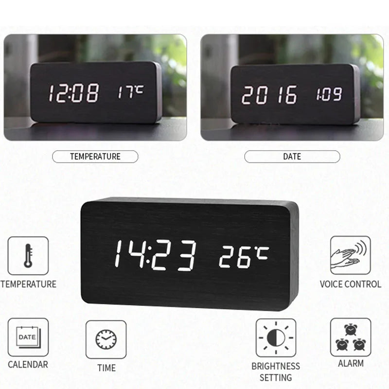 Niditon Wooden Digital Alarm Clock With Temperature Display