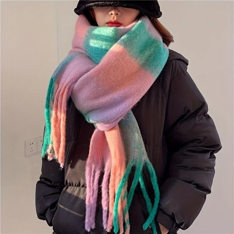 Boho Plaid Tassel Chunky Knit Scarf Shawl Neck Warmer
