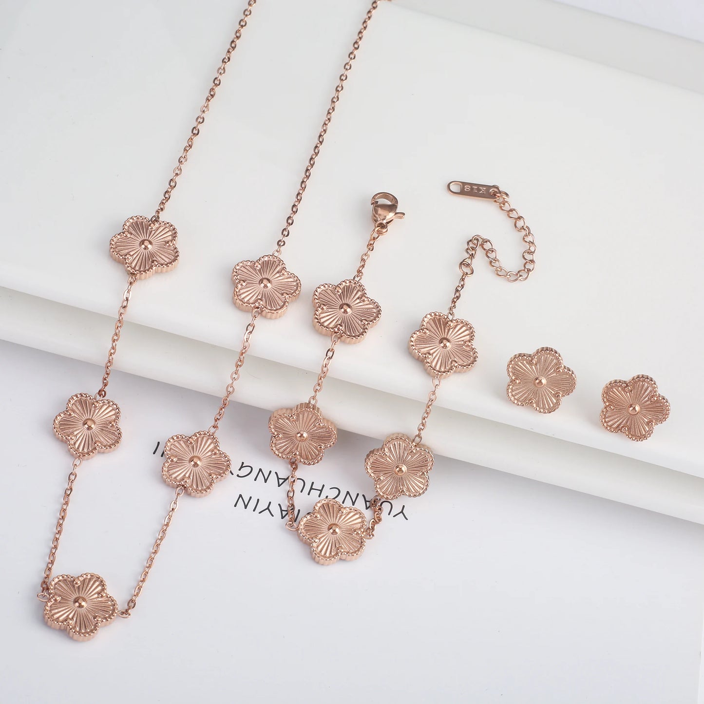 316L Stainless Steel Five Leaf Clover Jewelry Set Gold Plated
