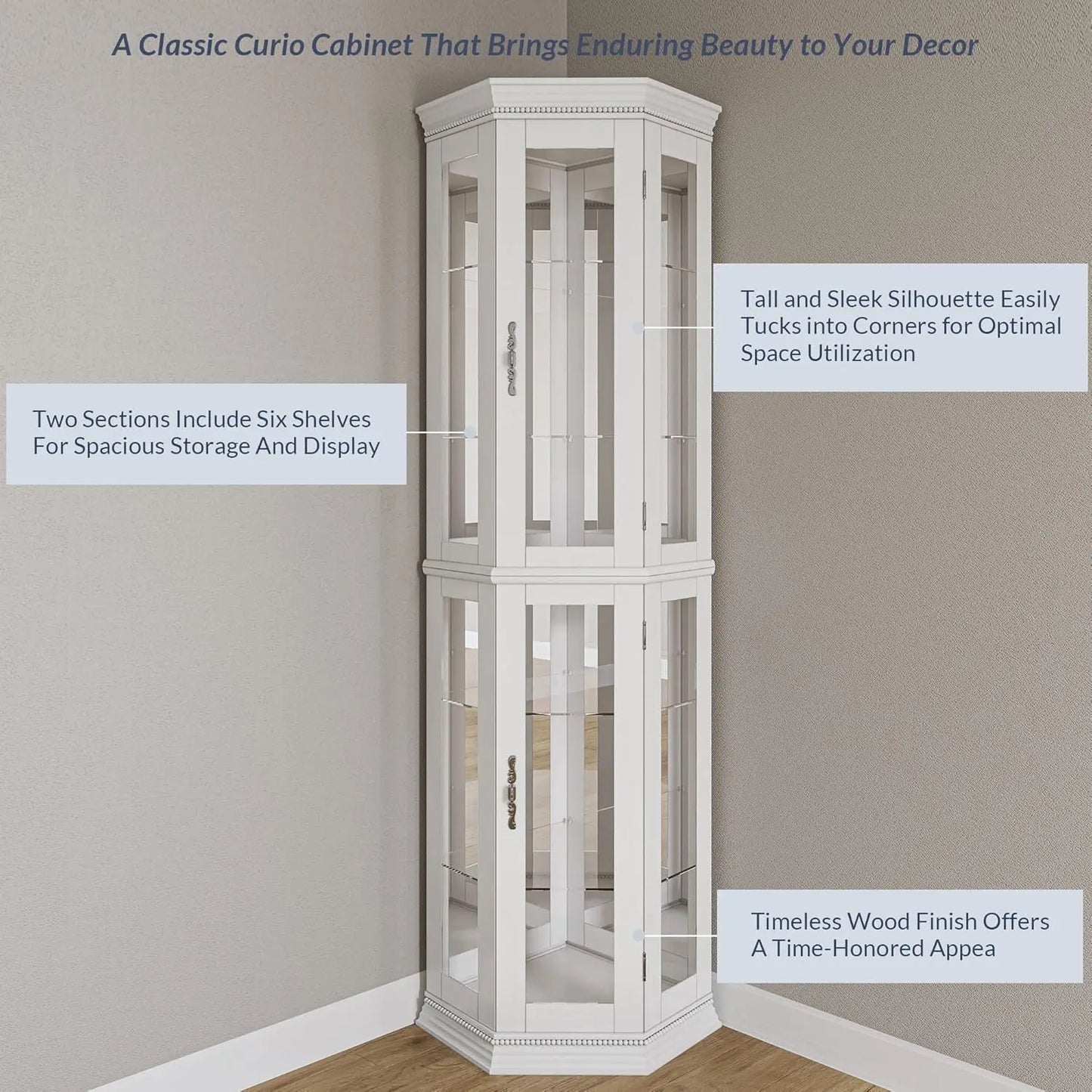 Lighted Three Side Glass Display Corner Curio Cabinet With Tempered Doors