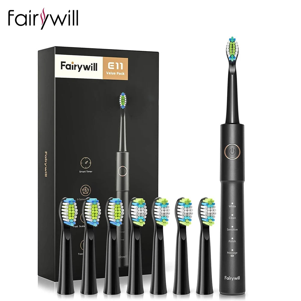 Fairywill Sonic Electric Toothbrush E11 Waterproof USB Charge Rechargeable Electric Toothbrush 8 Brush Replacement Heads Adult