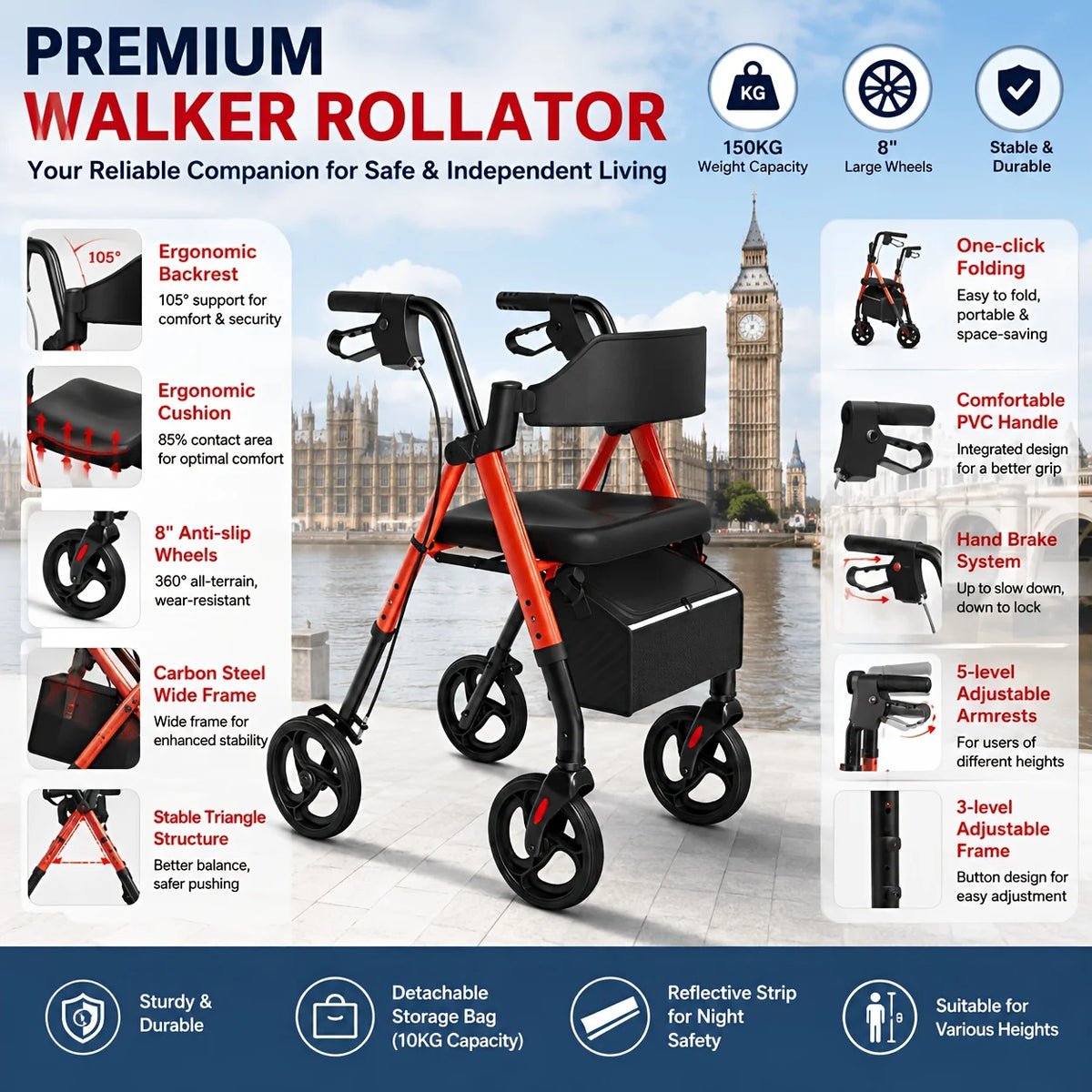 MAIDESITE Foldable Rollator Walker With Seat And Durable Steel Frame