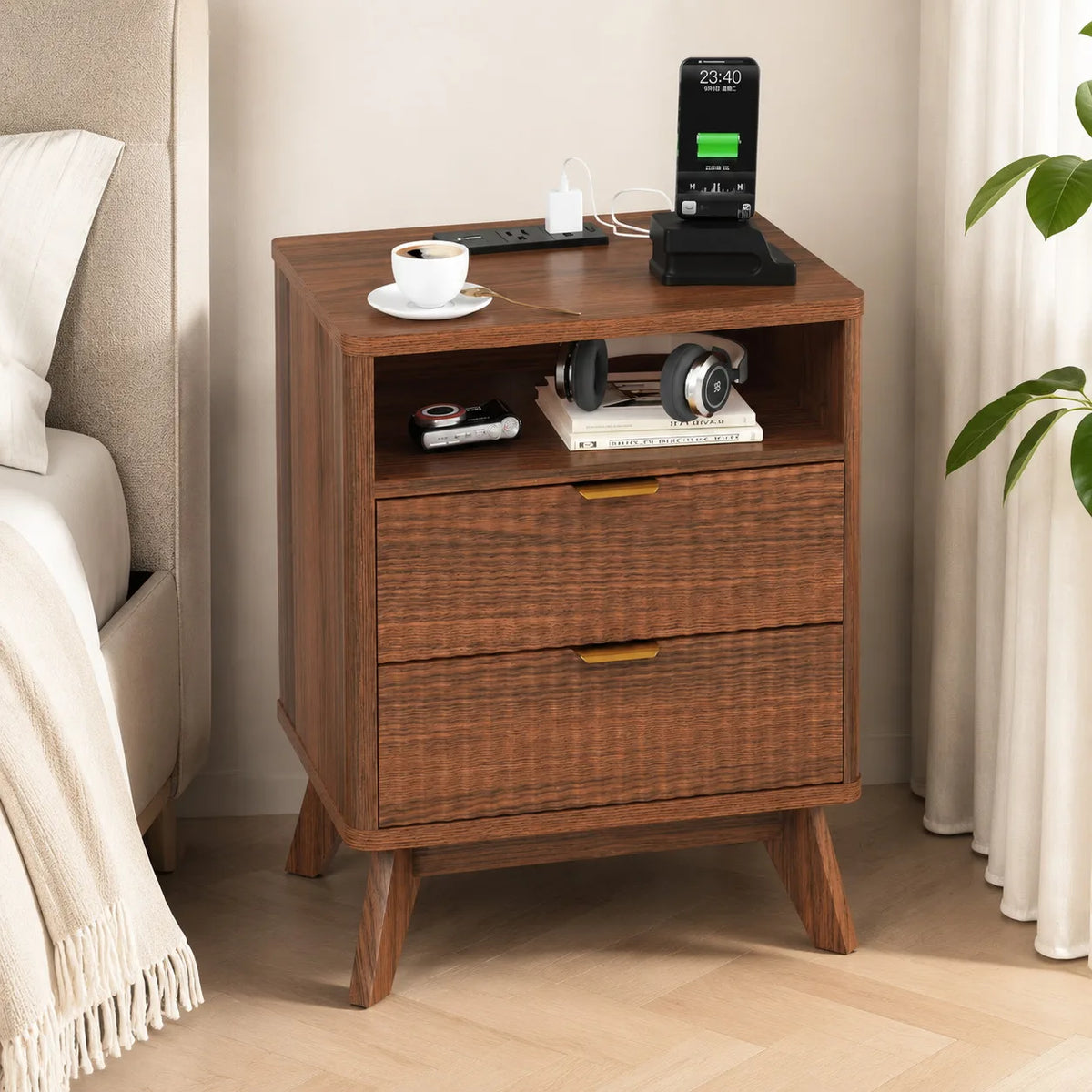 ANIXOL Fluted Wood Nightstand with Drawer and USB Charging Station