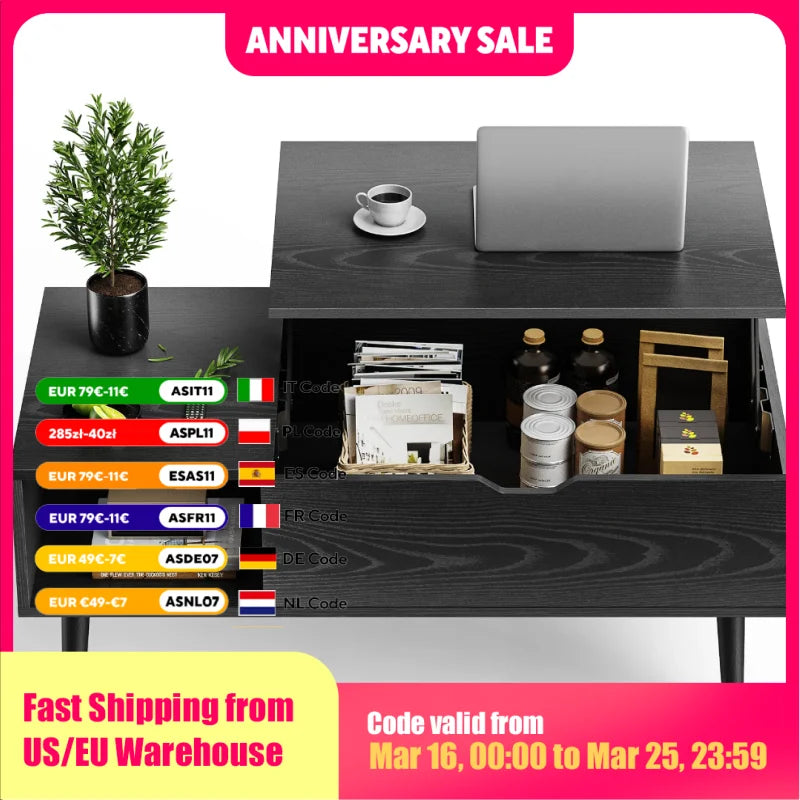 JHK Lift Top Coffee Table With Storage And Adjustable Shelf