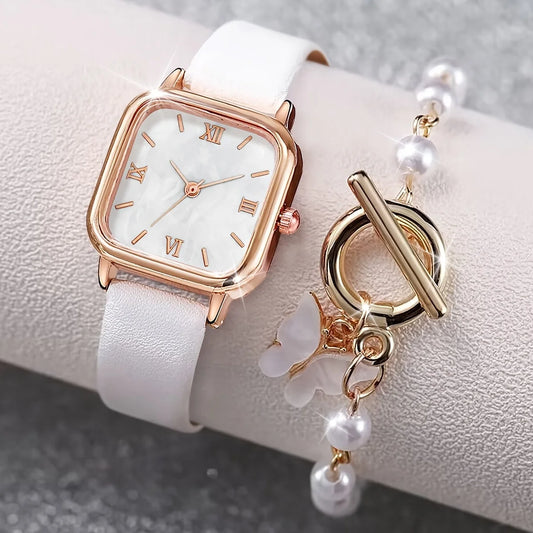 None Fashion Women PU Band Square Dial Watch With Bracelet - 2-Pc Set Stainless Steel Case Quartz Movement