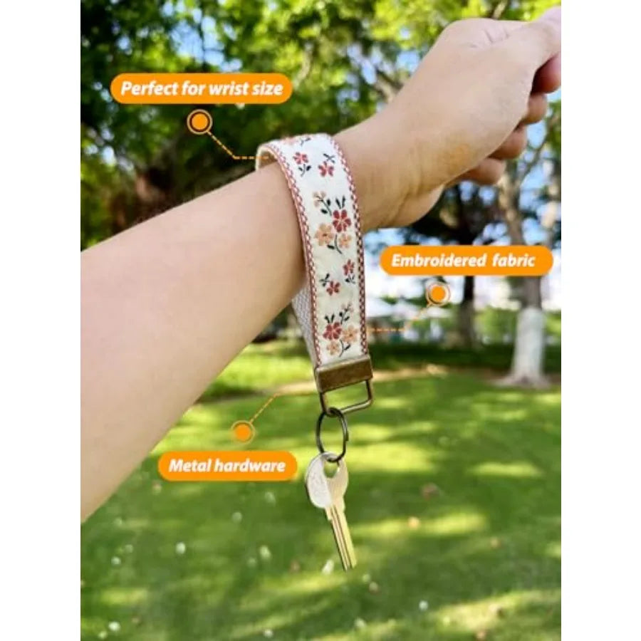 Embroidered Fabric Wristlet Keychain For Women With Metal Hardware