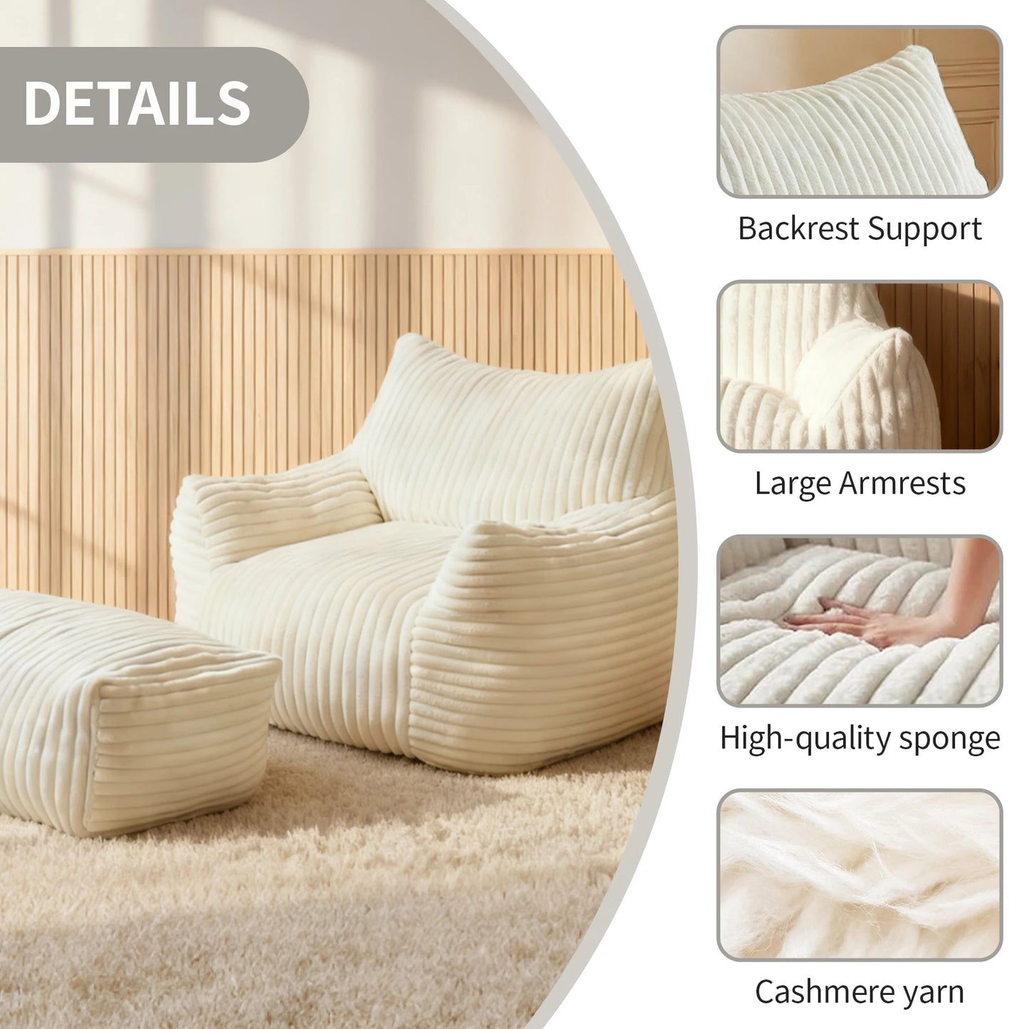 Bean Bag Chaise Lounge Chair With Ottoman For Living Room