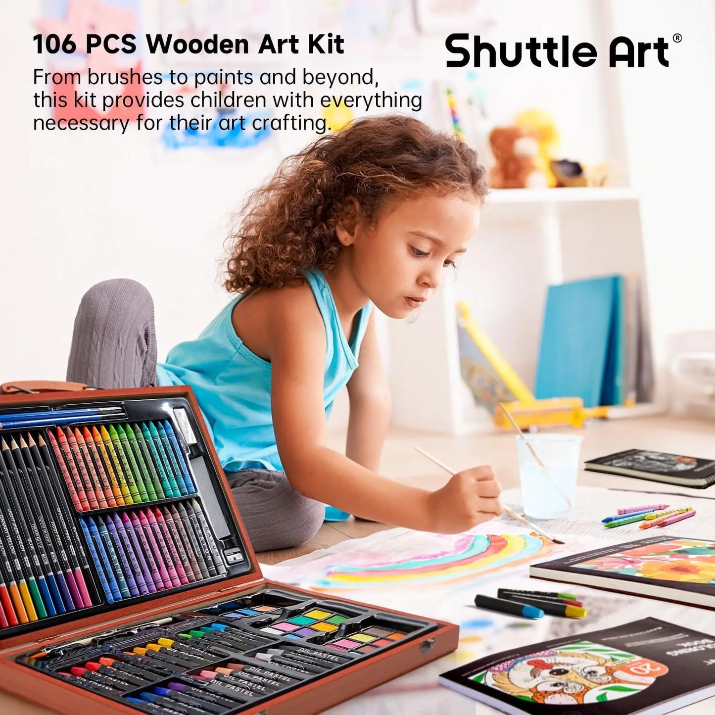 Deluxe Art Set In Wooden Case With Crayons Pencils Pastels